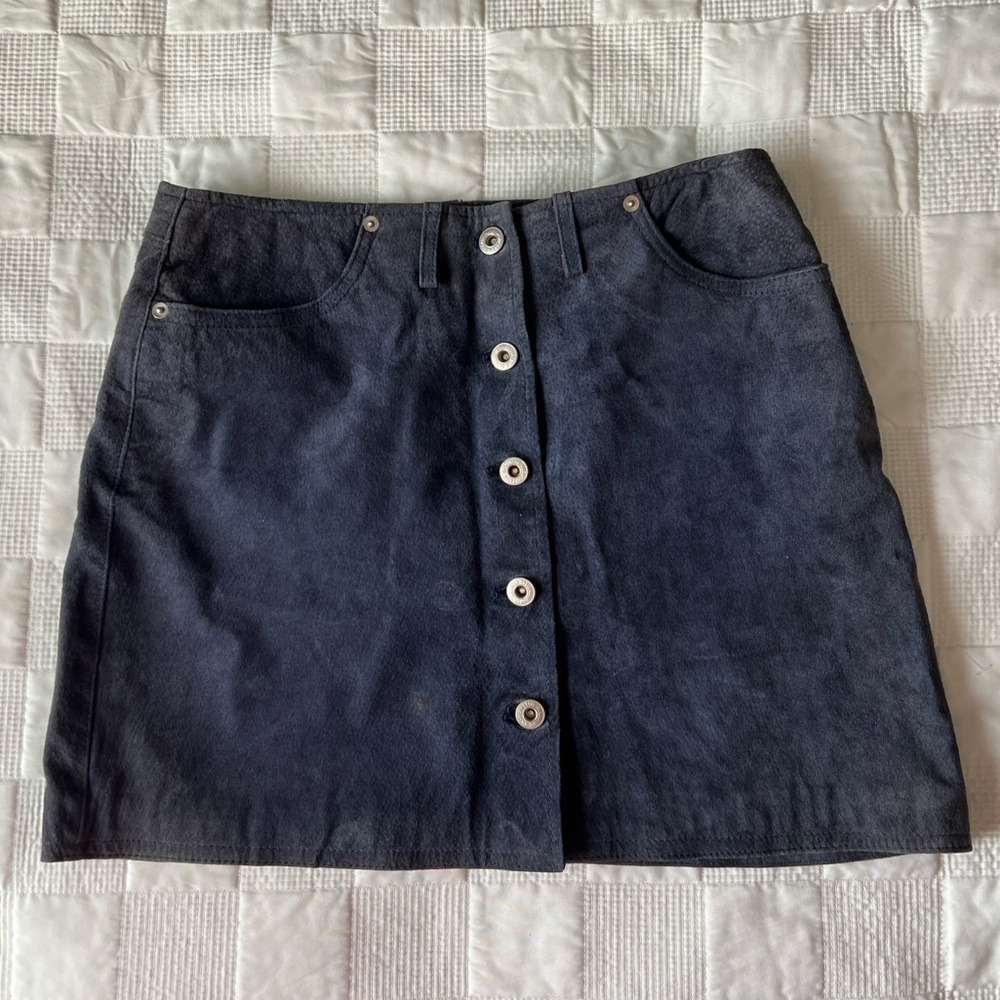American Eagle Vintage Suede Mini Skirt Navy Blue Leather‎ Button Front Size 5/6